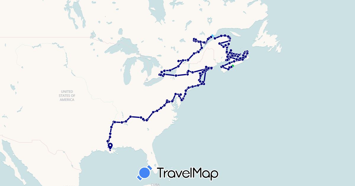 TravelMap itinerary: driving, bus, boat in Canada, United States (North America)